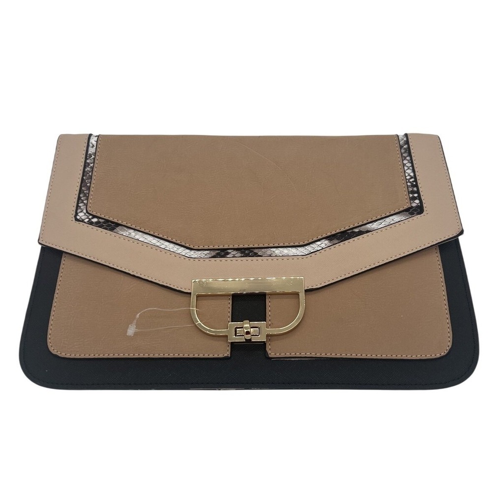 Torrid Women's Tan Black Faux Leather Snakeskin Trim Flap Clutch Handbag Purse